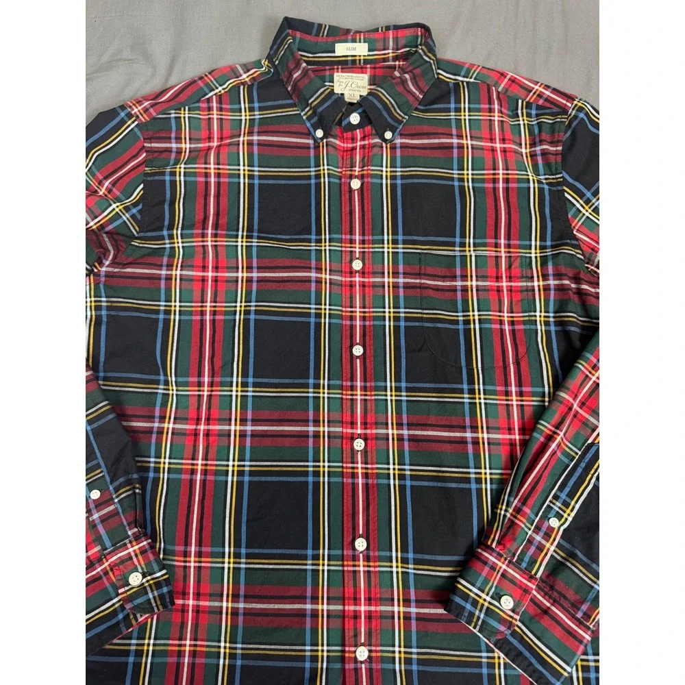 J. Crew Mens XL Slim Secret Wash Organic Cotton Stretch Plaid Button Down Shirt